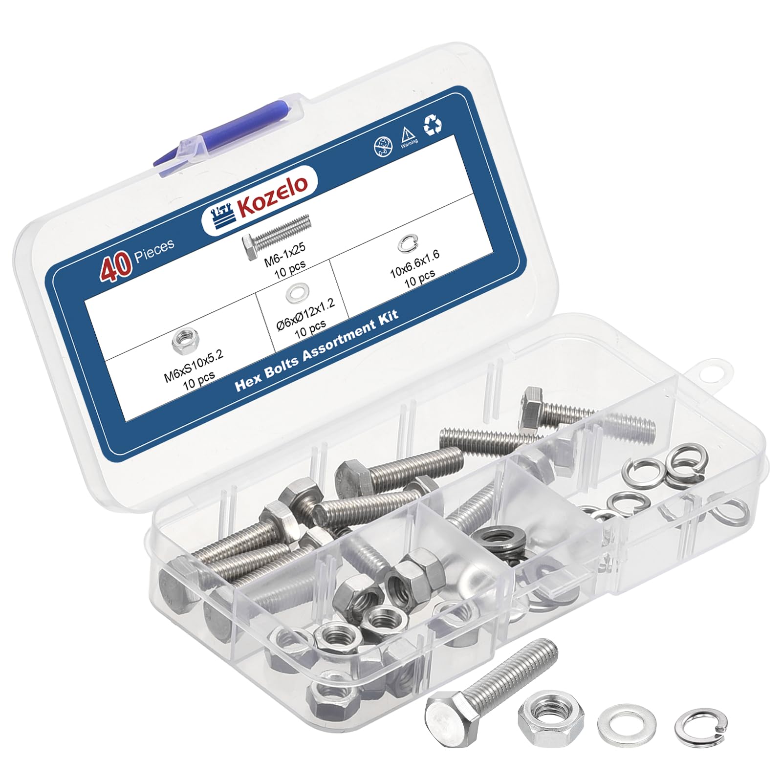 Kozelo 40 Pcs Bolts and Nuts Washers Kit - [M6-1x25] 304 Stainless Steel Hex Tap Bolt Assortment Fully Threaded Hexagon Head Machine Bolts Right Hand External Hex Drive, Silver Tone — image 1