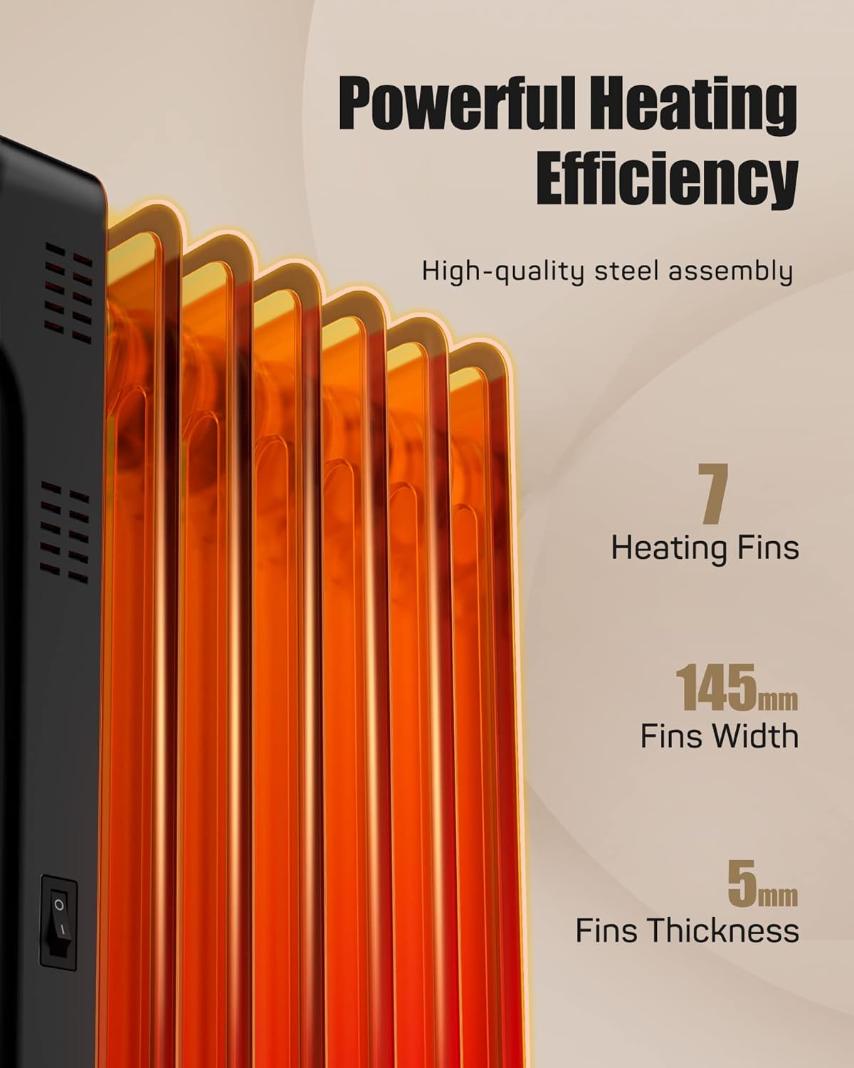 Side view of the G-Ocean Oil Filled Radiator Heater highlighting heating fins
