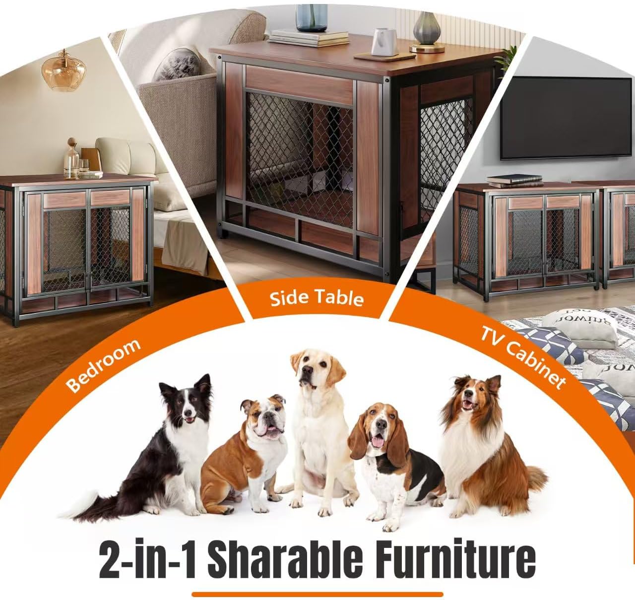 Dog Crate Furniture, 41'' Wooden Dog Kennel Furniture Indoor with Double Doors, Decorative Dog Cage End Table for Medium Large Dogs,Modern Dog Crate with Multi-Purpose Removable Tray,Rustic Brown