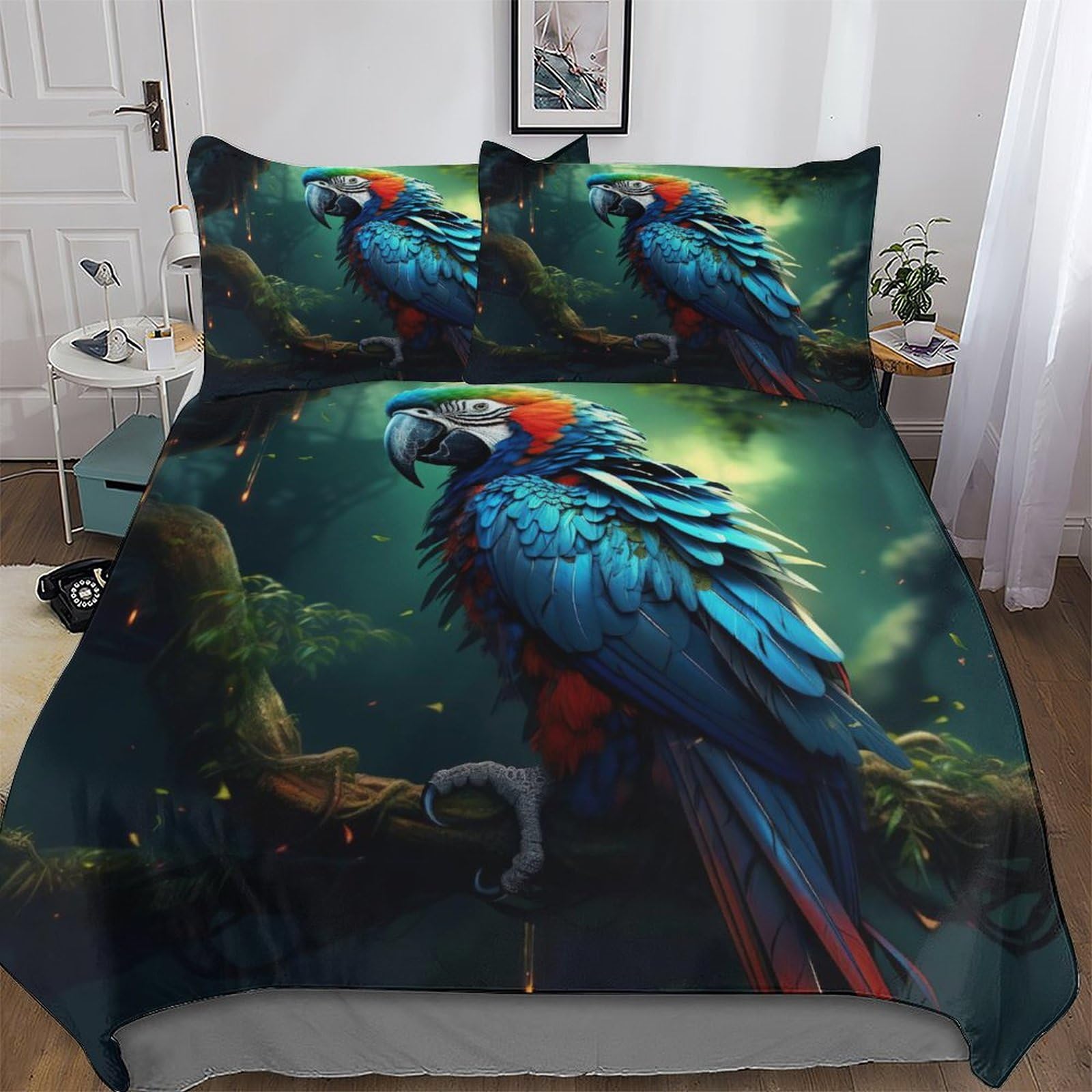 Parure de lit King 220x240 perroquet drap housse coton microfibre