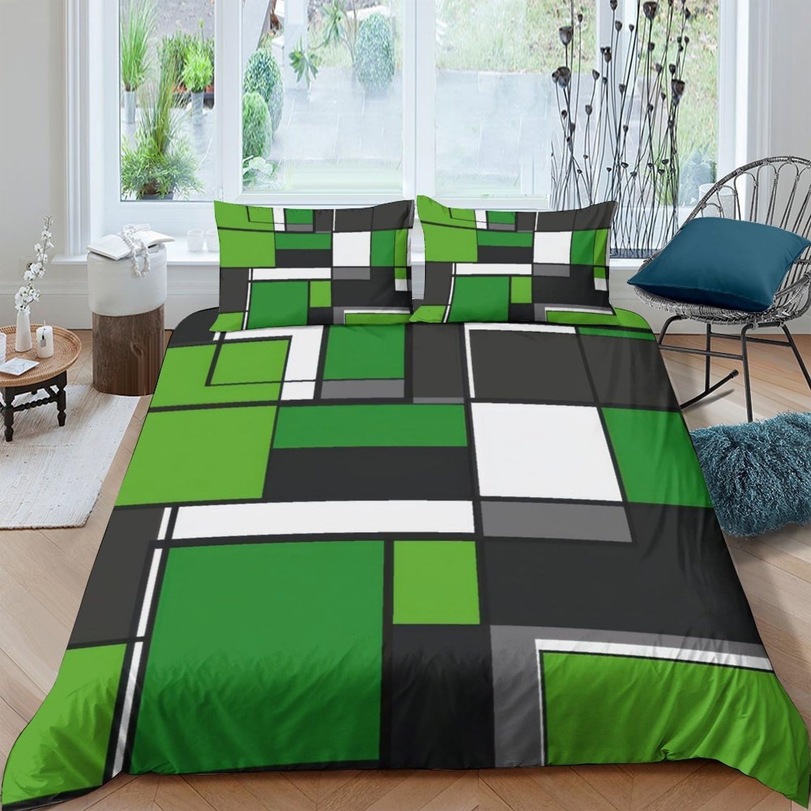 TUFRTGYHN 3D Printed Geometric Green Blocks Duvet Cover Microfiber Soft Breathable Black White Patchwork Bedding Set with 2 Pillowcases for Bedroom Home Decor Single（135x200cm）