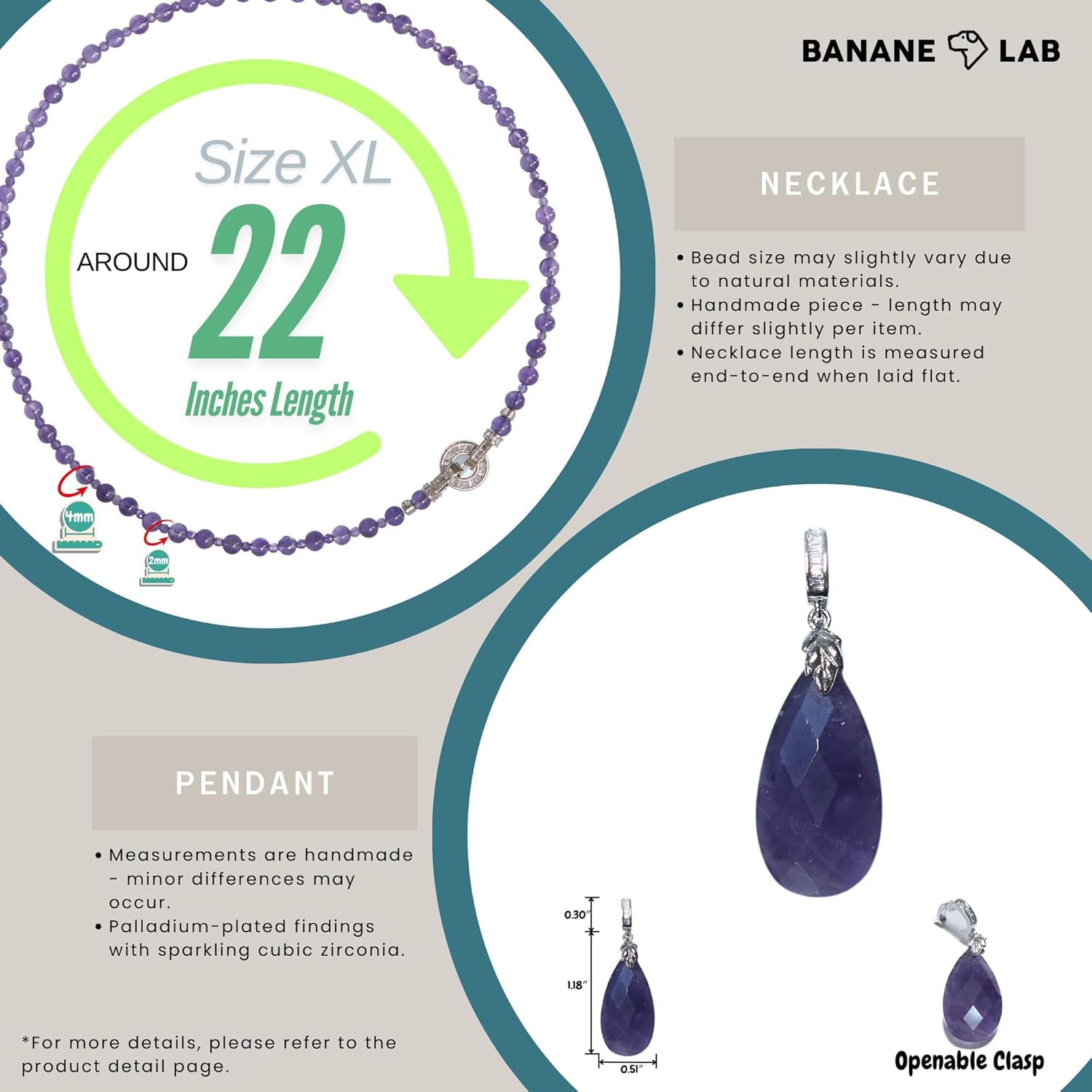 Natural Crystal Stone Beaded Necklace Choker for Women Men, Handmade 4MM Crystal Beads Necklace with Detachable Pendant & Palladium-Plated Clasp, Gifts for Her Him, Available in 4 Lengths