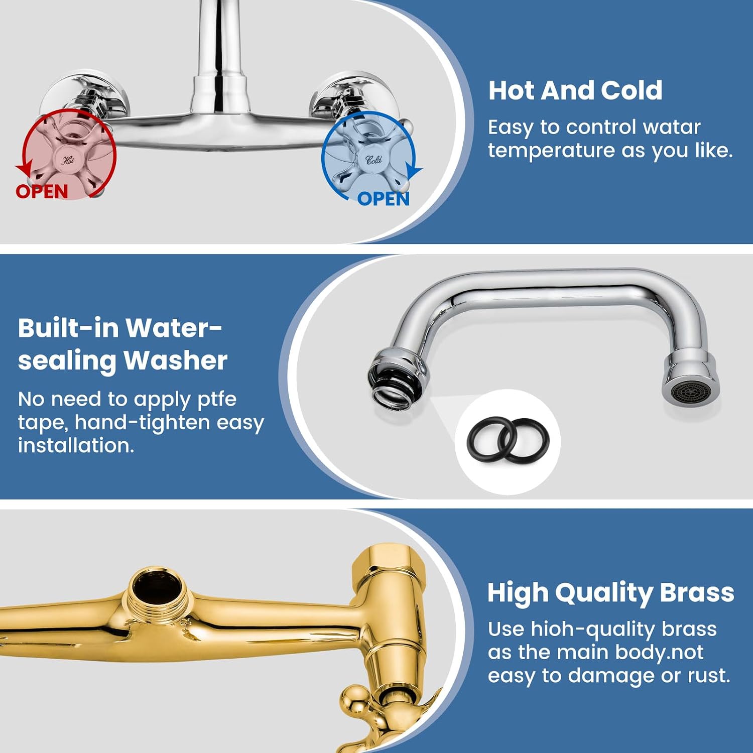 Airuida Wall Mount Kitchen Sink Faucet for 6 Inch(15cm) Spout Reach 8 Inch Center Adjustable Center Double Cross Handles Hot and Cold Water Mixer Tap 360 Rotatable Faucet Chrome Polish