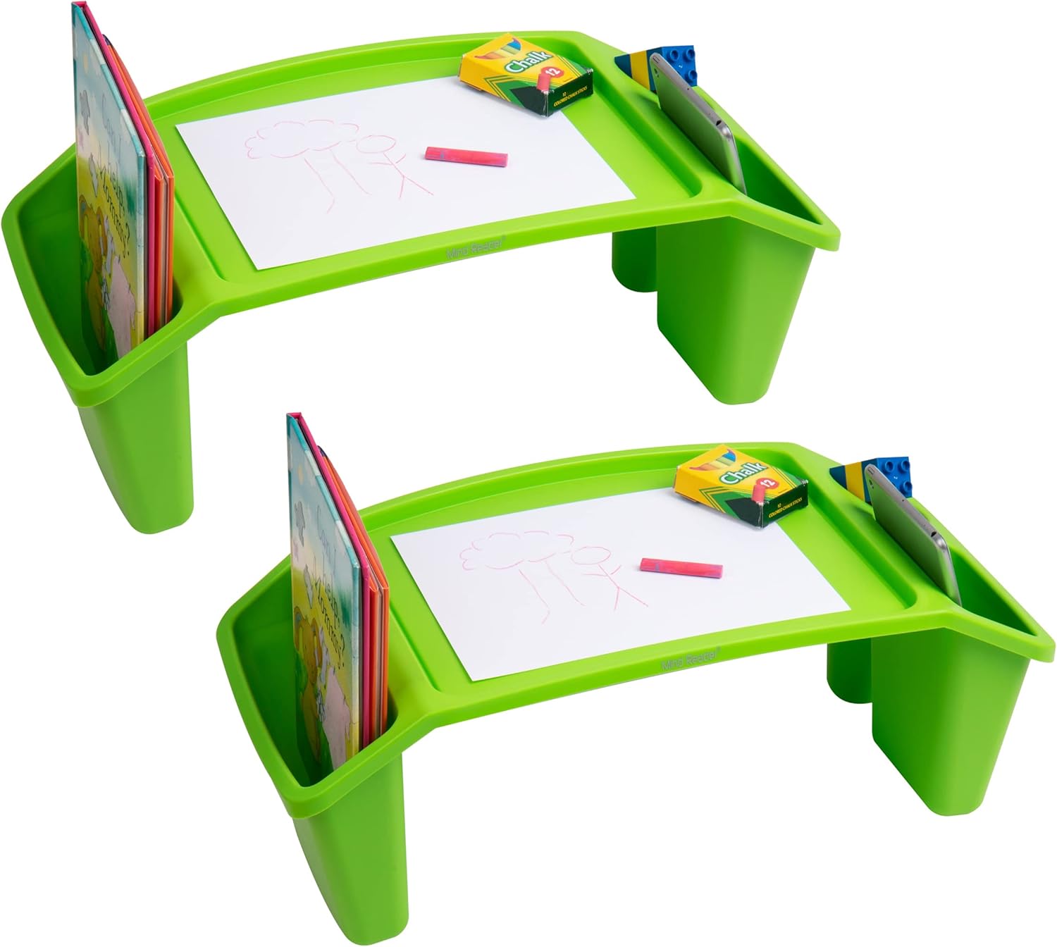 Mind Reader Sprout Collection, Portable Desk, Breakfast Tray, Laptop Desk, Side Storage Pockets with 3 Compartments for Toys, Books, Games and Snacks, Set of 2, 10.75" L x 22.25" W x 8.5" H, Green Green 2-Pack