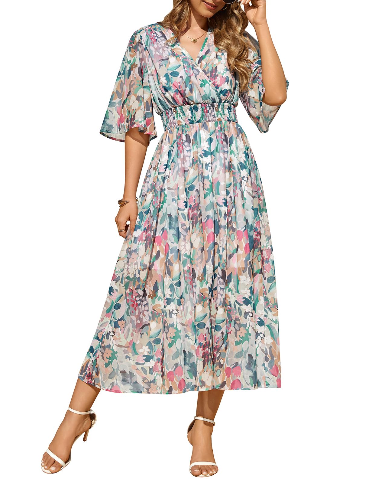 Abiti Donna Estivi Vestiti Manica Corta Vestito Lungo Elegante Scollo a V Boho Stampa Floreale Elastico a Vita Alta Abito da Mare Spiaggia Casual Cocktail Party