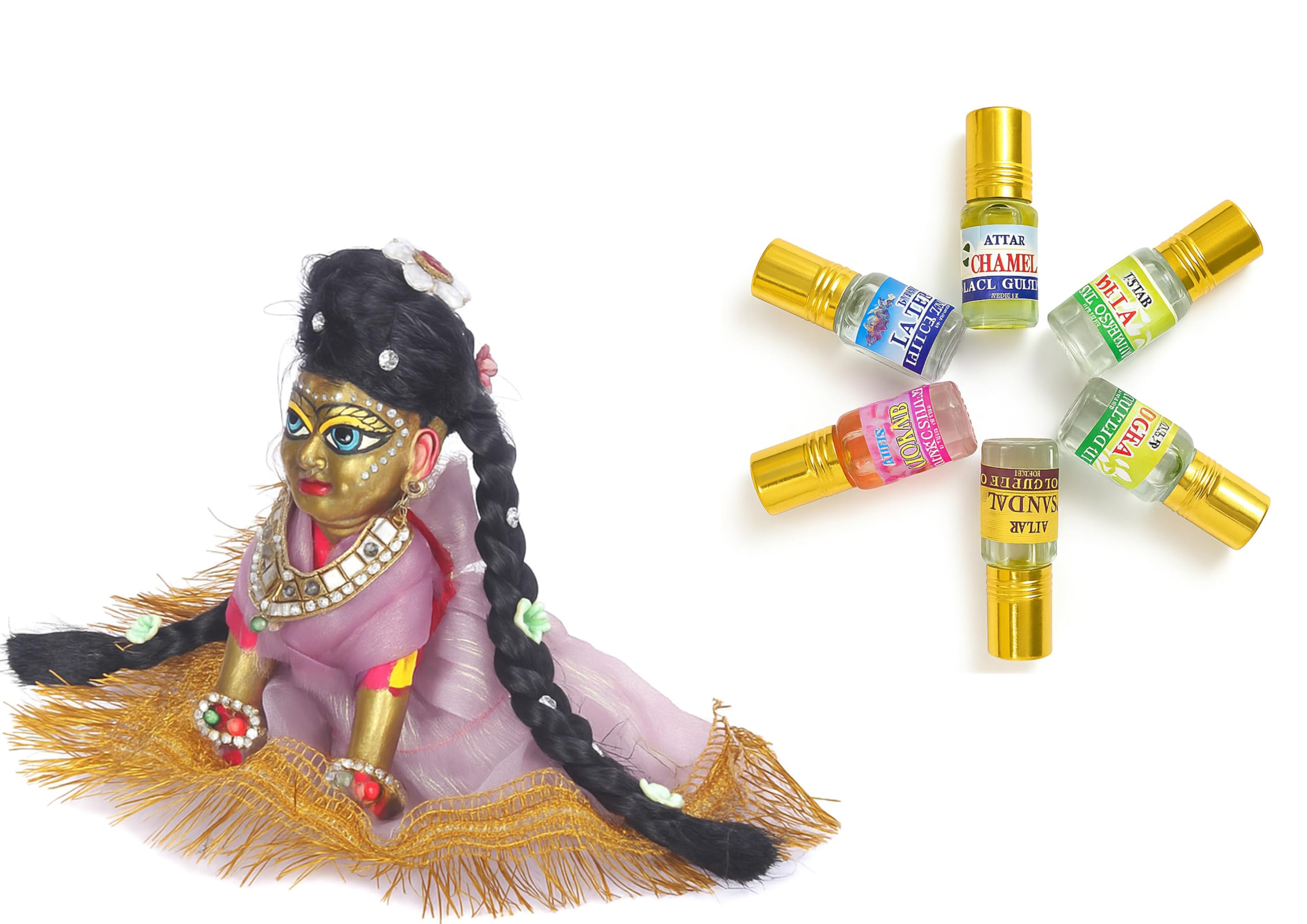 Radha Rani Hair Wig with 2 Choti (5, 6 & 7 Inch) Black Color with Handmade Flower & Stone Work Decorative Designer Choti for Devi Maa Suitable for 2 to 6 No. Head Sizes Free Seva Ittar Worth ₹99 (3 No.(6 Inch))-image-49