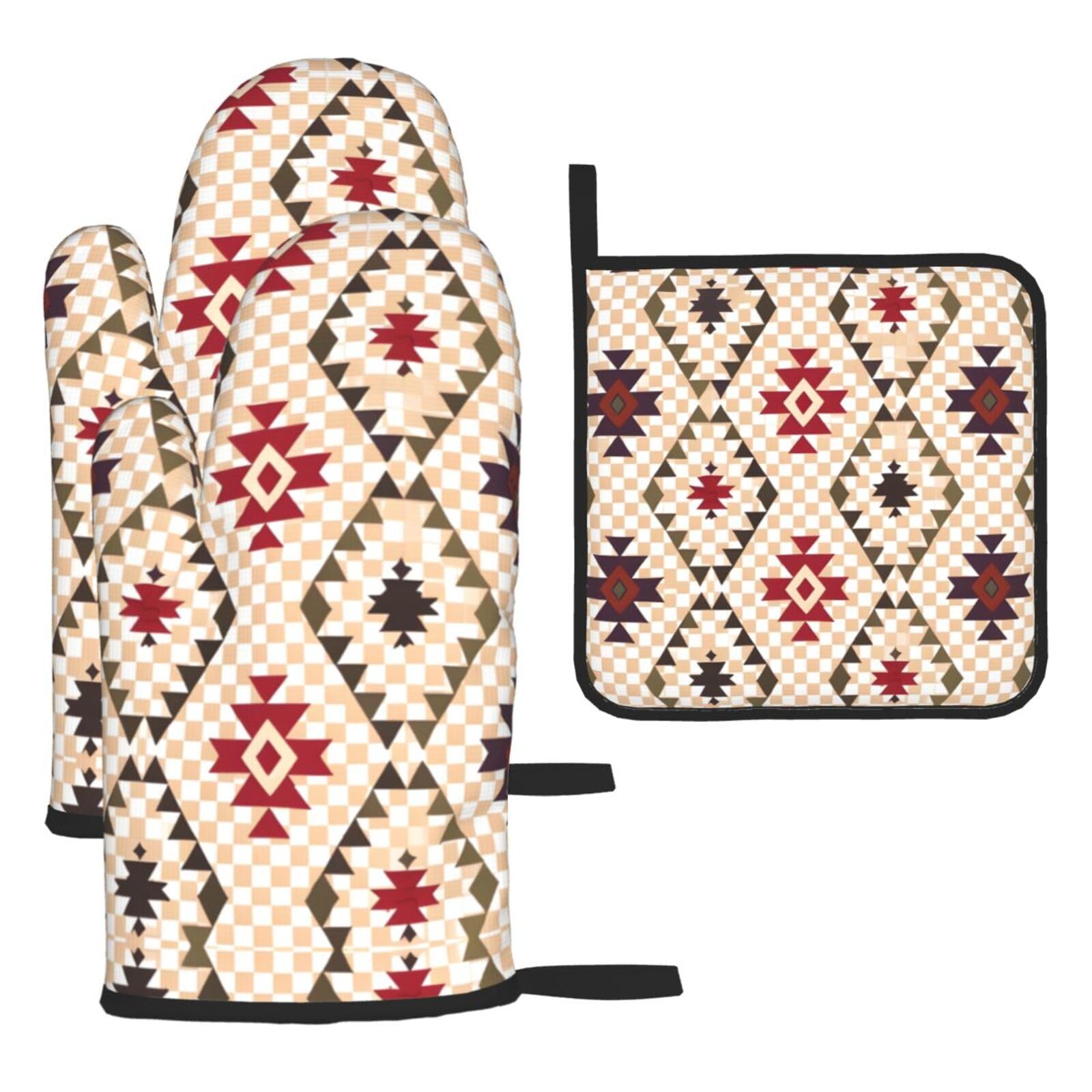 Geometric vector Oven mittens and oven mitts three-piece set suitable for oven, grilling, baking, microwave and home cooking.