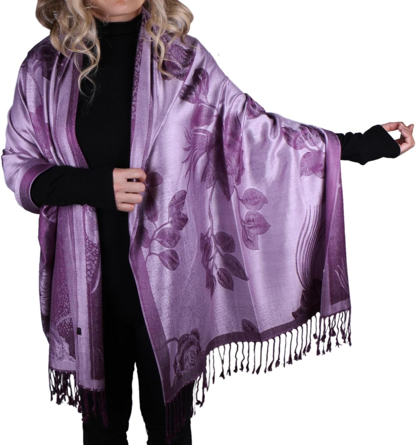 TZ Promise Women Soft Silky Pashmina Reversible Floral Rose Shawl Wrap Scarf w/Fringes