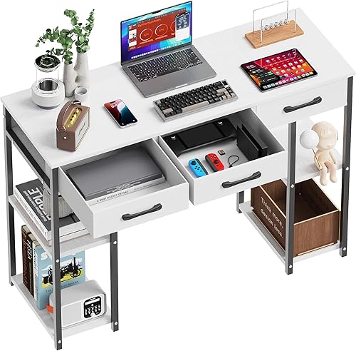 Escritorio pequeño para computadora de 43 pulgadas, escritorio de oficina con tomas de corriente y puerto de carga USB, mesa de estudio con tres