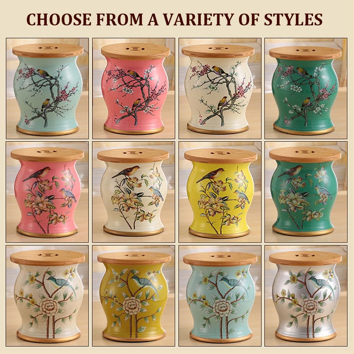 Chinese Ceramic Drum Garden Stool with Storage,Glazed Hand-Painted Drum Stool,Garden Decorations Round Without Installation,Flower Birds Ceramic Decorative Garden Stool,Outdoor Side Table(17)