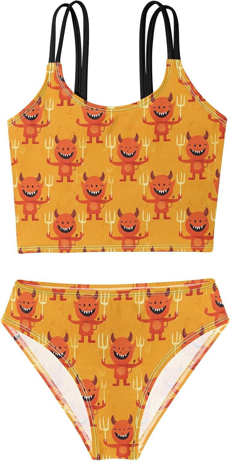 visesunny Girls Two Piece Swimsuits Orange Fork Evil Girl's Bikini Sets Bathing Suits for Girls Size 5-12Y