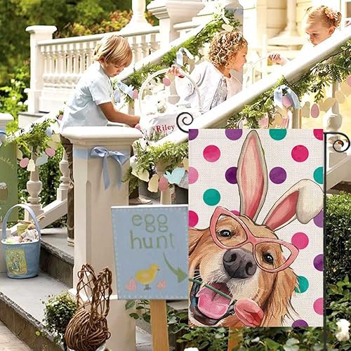 Miniatura 4 de Bandera de jardín de perro de Pascua para exteriores de 12 x 18 pulgadas doble cara golden retriever con flores orejas de conejo puntos bandera de