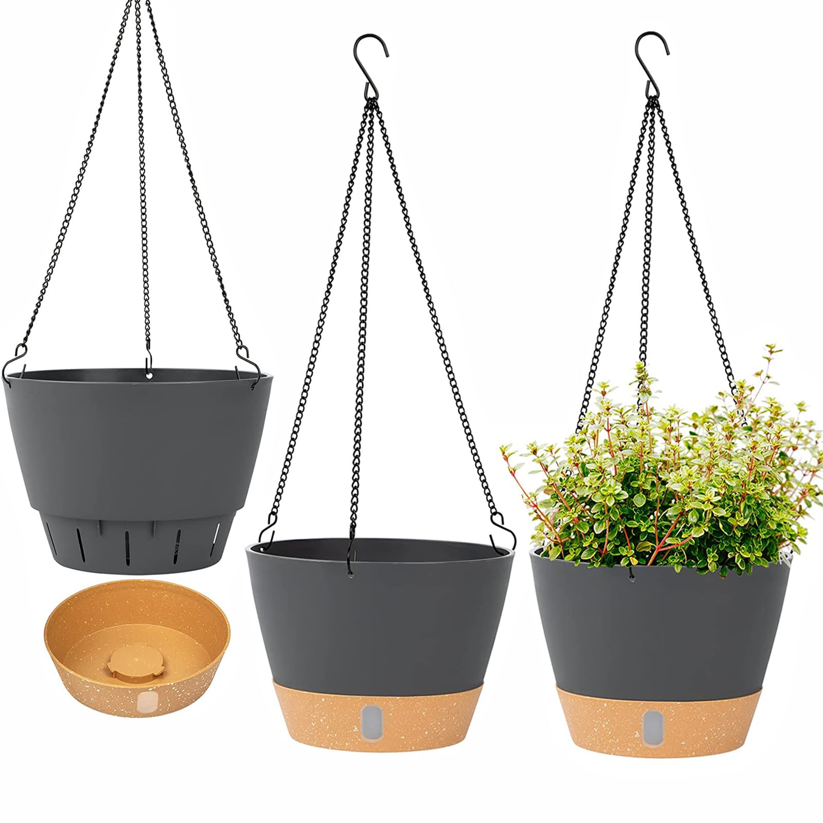 6 Vasi Da Fiori Sospesi In Plastica 20cm Con Catena, Foro Drenaggio E Sottovaso, Per Interni Ed Esterni, Grigio Scuro