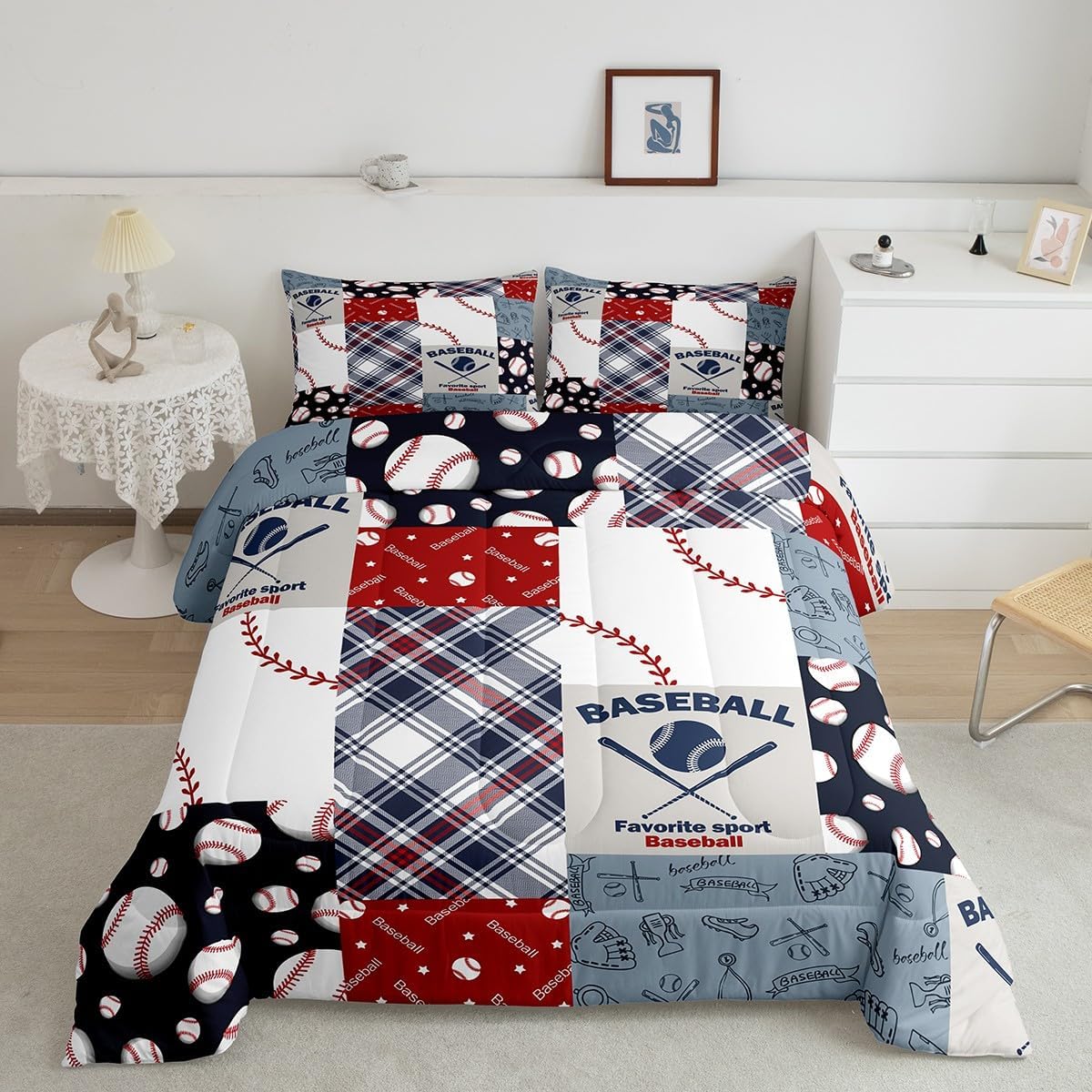 Erosebridal Baseball Print Quilt Twin Size Sports Games Bedding Set Ball Gaming Themed Comforter Set Patchwork Geometric Grid Bedding Comforter Sets Bedroom Decor,Blue Red White