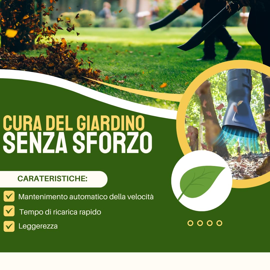 Soffiatore a Batteria per Giardino con 2 Batterie 4.0Ah, Soffiatore Elettrico Potente, Soffiafoglie a 6 Velocità Regolabili, Leggero e Portatile per Foglie, Erba, Cortile, Patio e Pulizia Esterni.