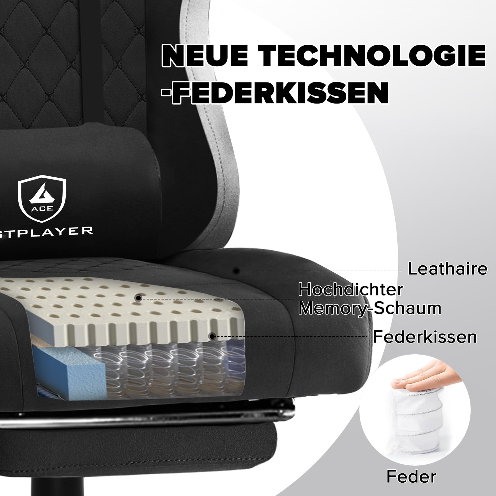 GTPLAYER Gaming Stuhl Ergonomischer Sessel mit Stoffoberfläche, Federsitzkissen, Armlehnen und Fußstütze 150KG, hellschwarz