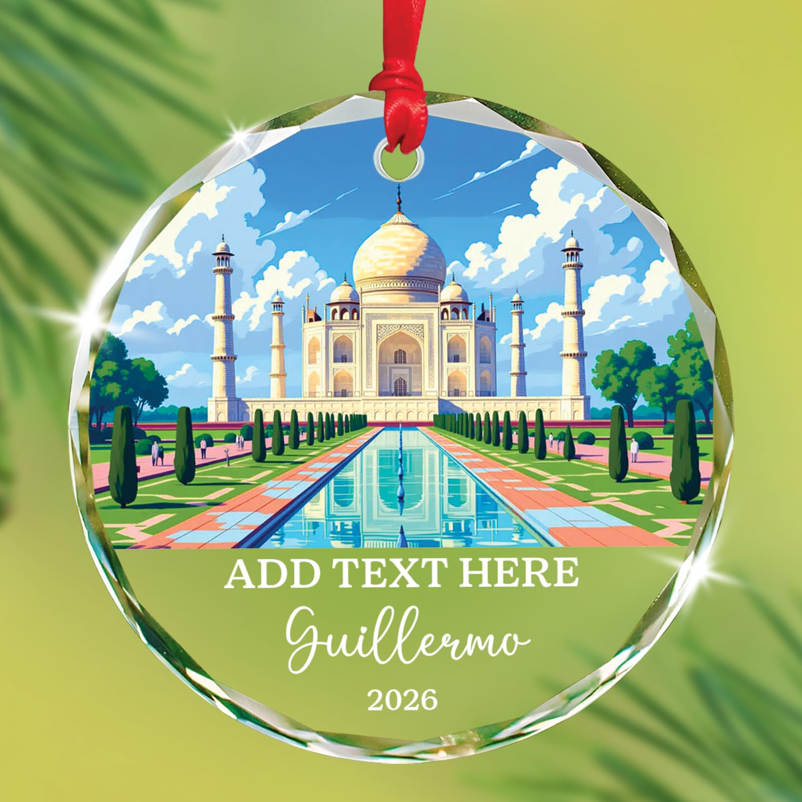 Taj Mahal in Agra Glass Ornaments, Personalized Text & Name Taj Mahal India Christmas Ornament Gifts for Travelers, Indian Landscape Glass Keepsake Xmas Hanging, Custom India Vacation Ornament 2026
