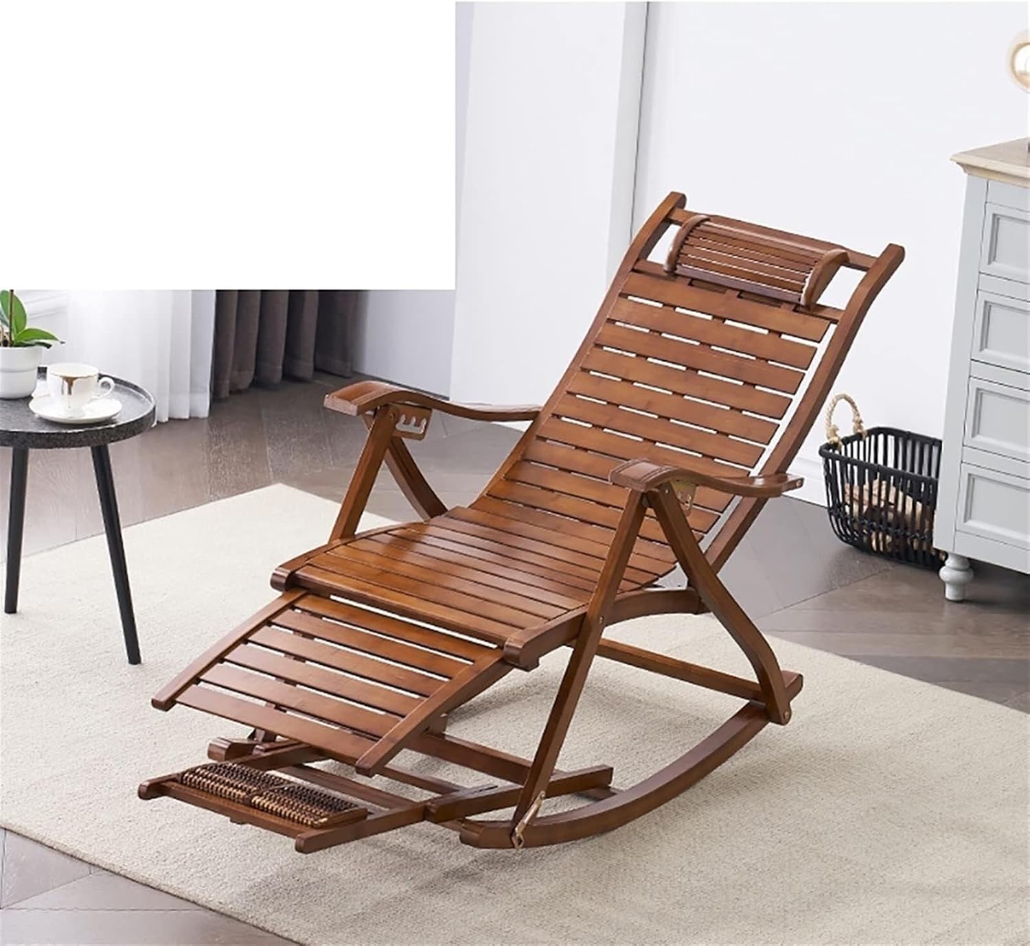 Adjustable Wooden Rocking Chair for Patio, Indoor & Outdoor Reclining Beach Chair, 5-Level Adjustable, 90°-170° Bamboo Lounge with Pearl Cotton Cushion Neck Pillow(Black)