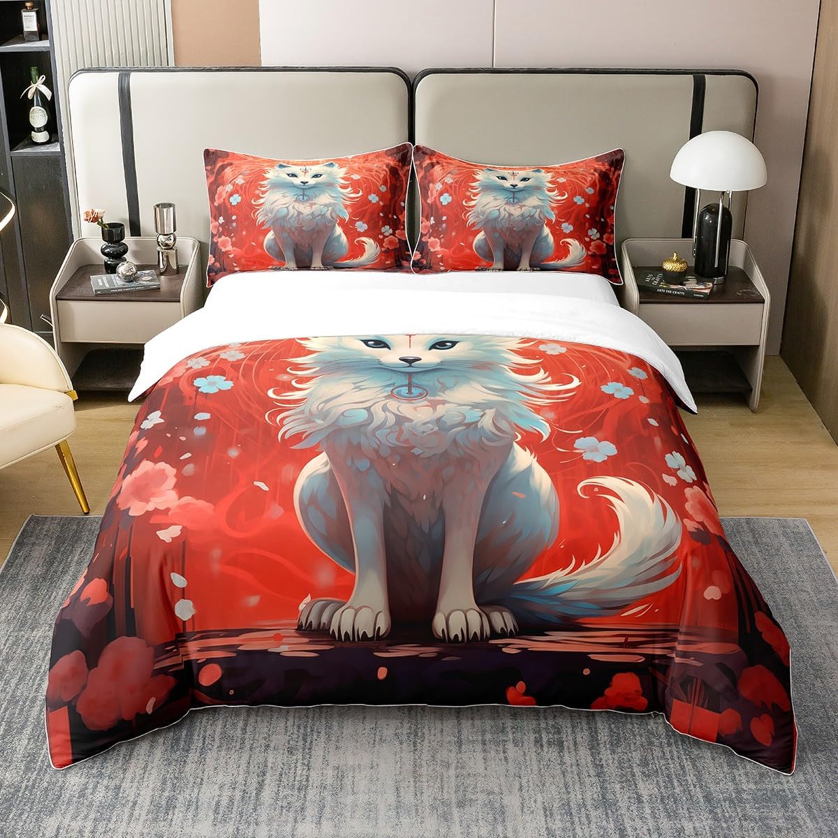 Cute Fox Animal Comforter Cover Queen Exotic Tribe Style 100% Organic Cotton Duvet Cover Japanese Cherry Blossom Bedding Sets Wildlife Bedspread Cover with 2 Pillowcases Soft(Not Comforter)