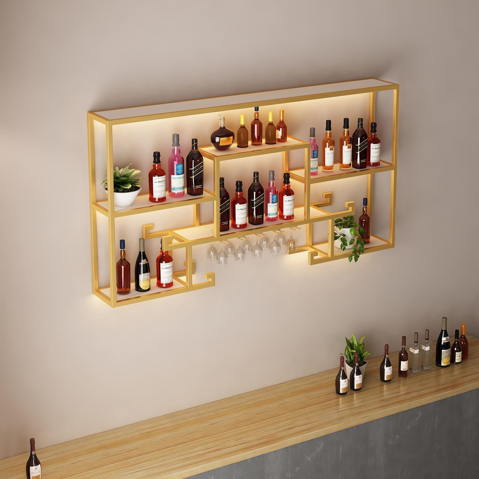 Portabottiglie Da Parete In Metallo 3 Ripiani Con Luci LED - Mensole Galleggianti Per Cucina, Bar E Liquori, Illuminato