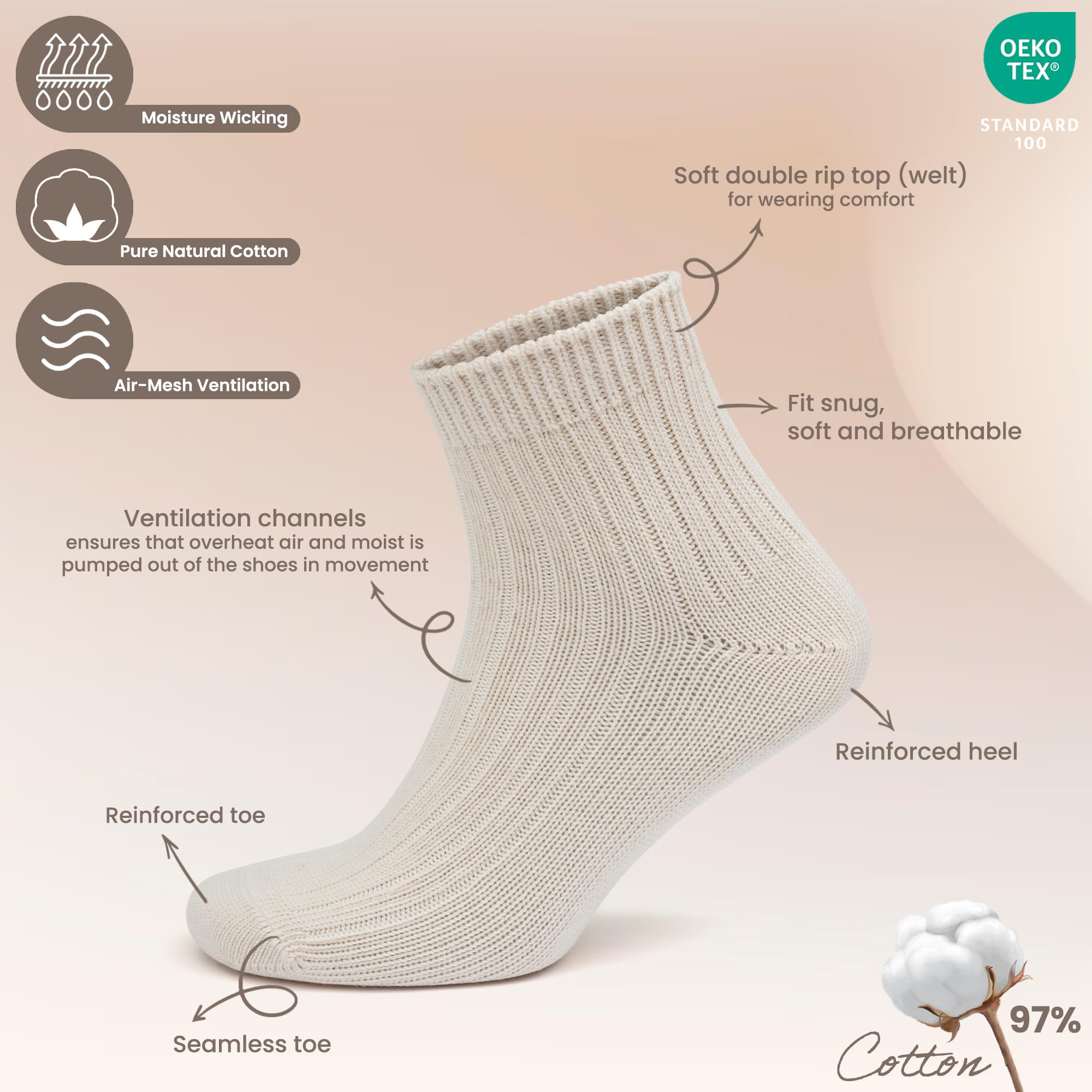 GoWith Lot de 5 paires de chaussettes basses unisexes 97 % coton naturel, confortables, respirantes, sans couture, pour homme et femme, écru, taille XL, modèle 3010, Non teint - 5 paires, X-Large