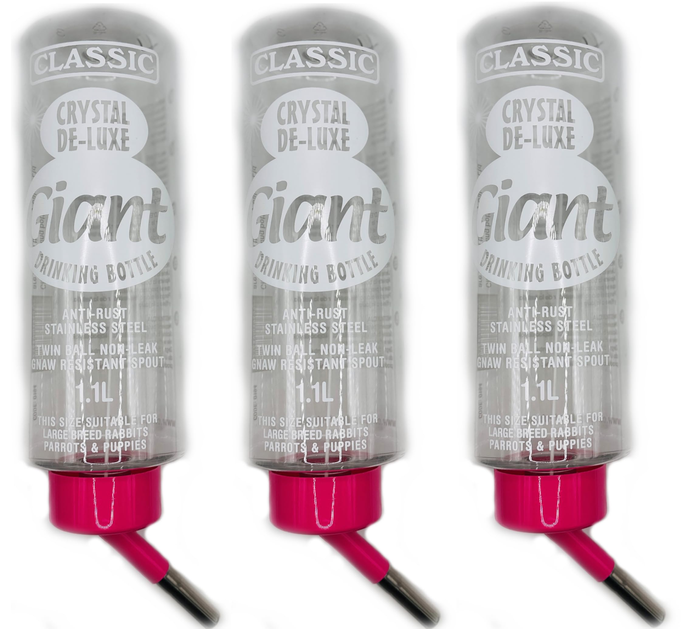 3 PACK CLASSIC GIANT DRINKING BOTTLE PINK SMALL ANIMAL RABBIT GUINEA PIG 1.1LTR