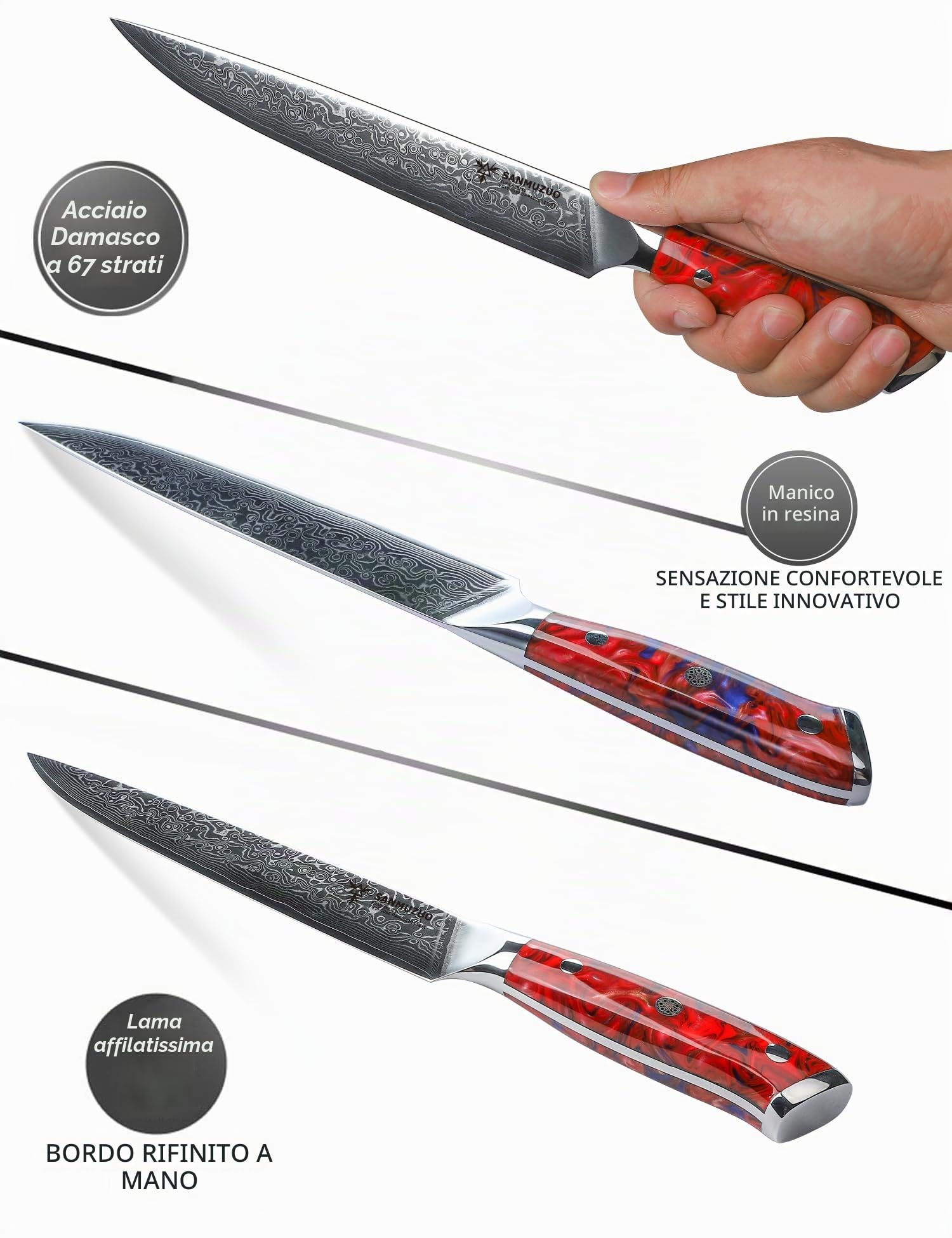Coltello per Affettare Carne Coltelli da Intaglio 23cm Coltello da Carne Professionale Acciaio Damasco Coltello da Cucina Impugnatura Resina - Xuan Series(Rosso Tramonto)
