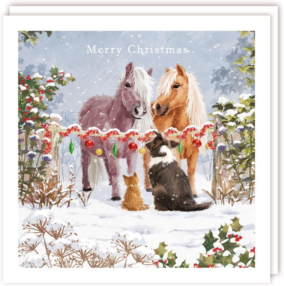 Charity Christmas Cards - Cat, Dog and Shetland Ponies In The Snow - Eco-Friendly - Pack of 5 Cards