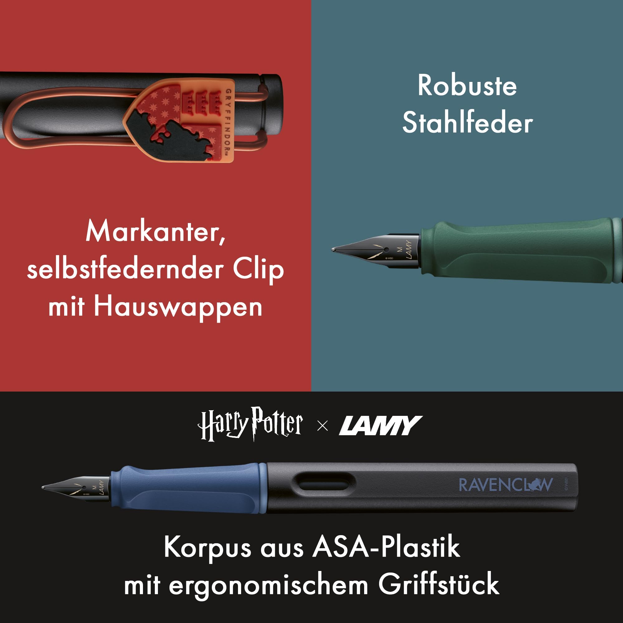 Lamy safari Harry Potter 4er-Set – Special Edition Füllhalter mit Wappen der Häuser - Stahlfeder in Strichbreite M – mit ergonomischem Griff – inkl. Tintenpatrone T10 blau – Rechtshänder