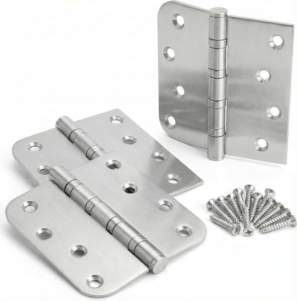 3 Pack Ball Bearing Door Hinges, 4x4 Inch Heavy Duty Stainless Steel Hinges, Brushed Nickel, 5/8" Radius Corner, Smooth &amp; Quiet, Non Removable Pin for Interior &amp; Exterior Doors