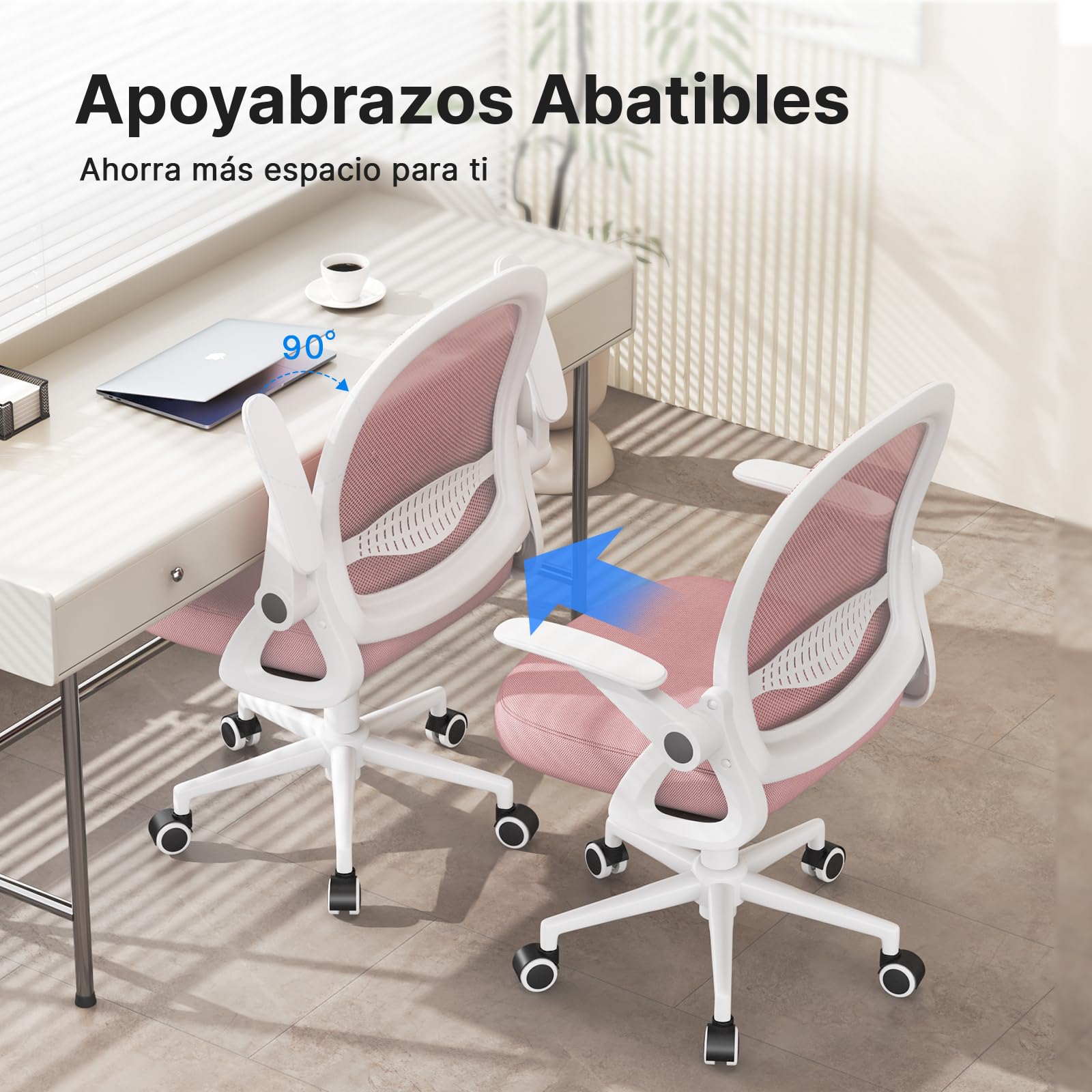 rattantree Silla de Oficina, Silla de Escritorio Ergonómica con Respaldo de Malla Transpirable y Asiento, Silla de Ordenador, Regulable en Altura, Reposabrazos Abatibles, Para Estudio de Oficina, Rosa