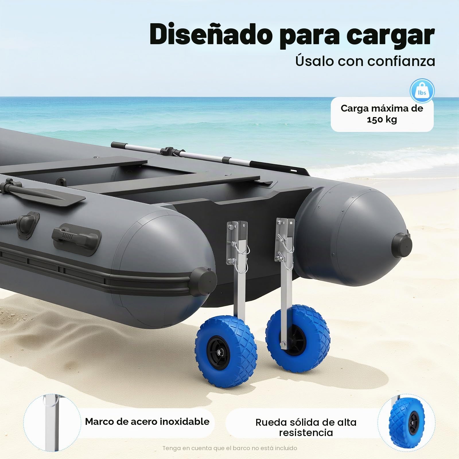 Ruedas para botes inflables, ruedas para botes neumáticos, carga máxima de 150 kg, ruedas de transporte de acero inoxidable, barco inflable, remolque, ruedas deslizantes para botes hinchables