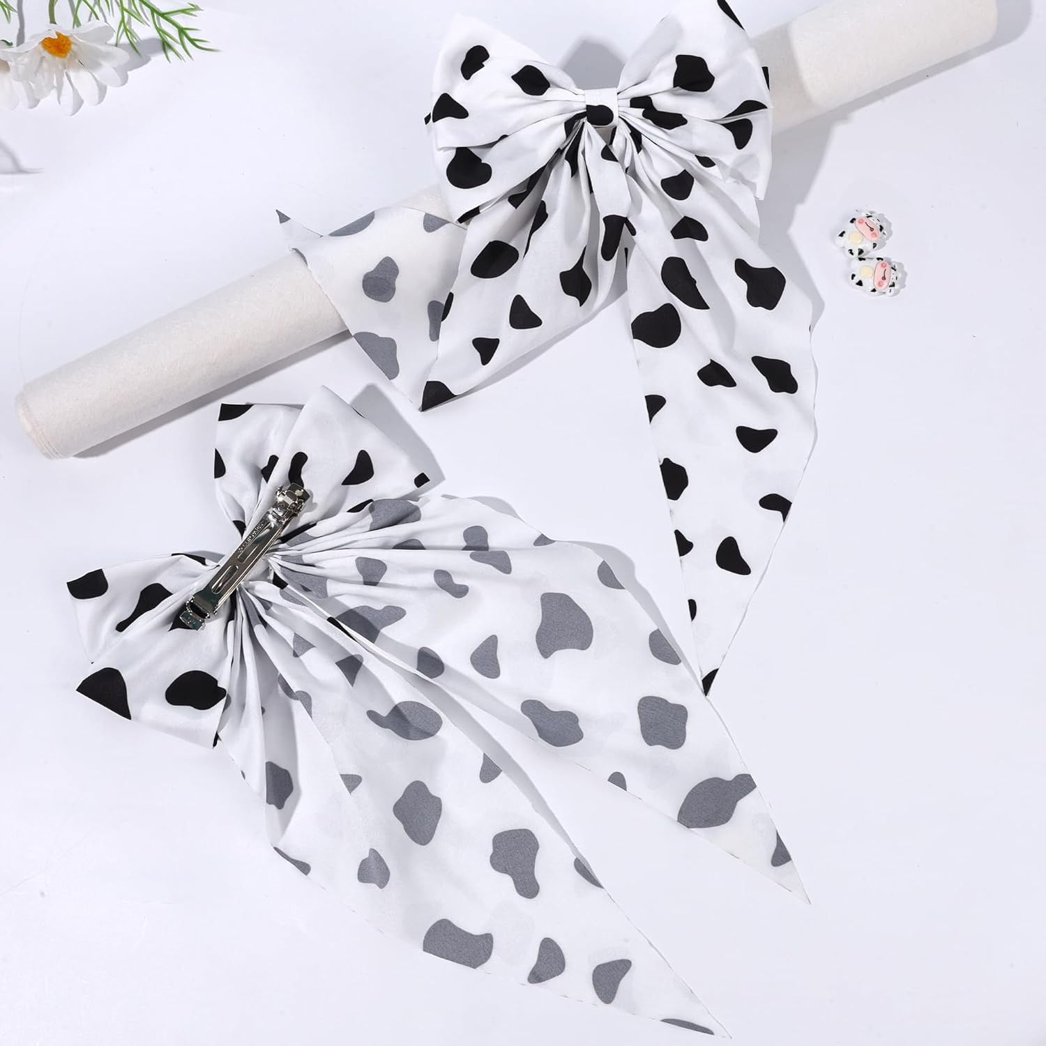 2 PCS 7In Cow Hair Bows Clips for Women Girls, Big Cow Print Long Tail White Black Hair Bow Large Hair Ribbon Barrettes Metal Clips Bowknot Aesthetic Hair Accessories Gifts (Black White) - Image 7