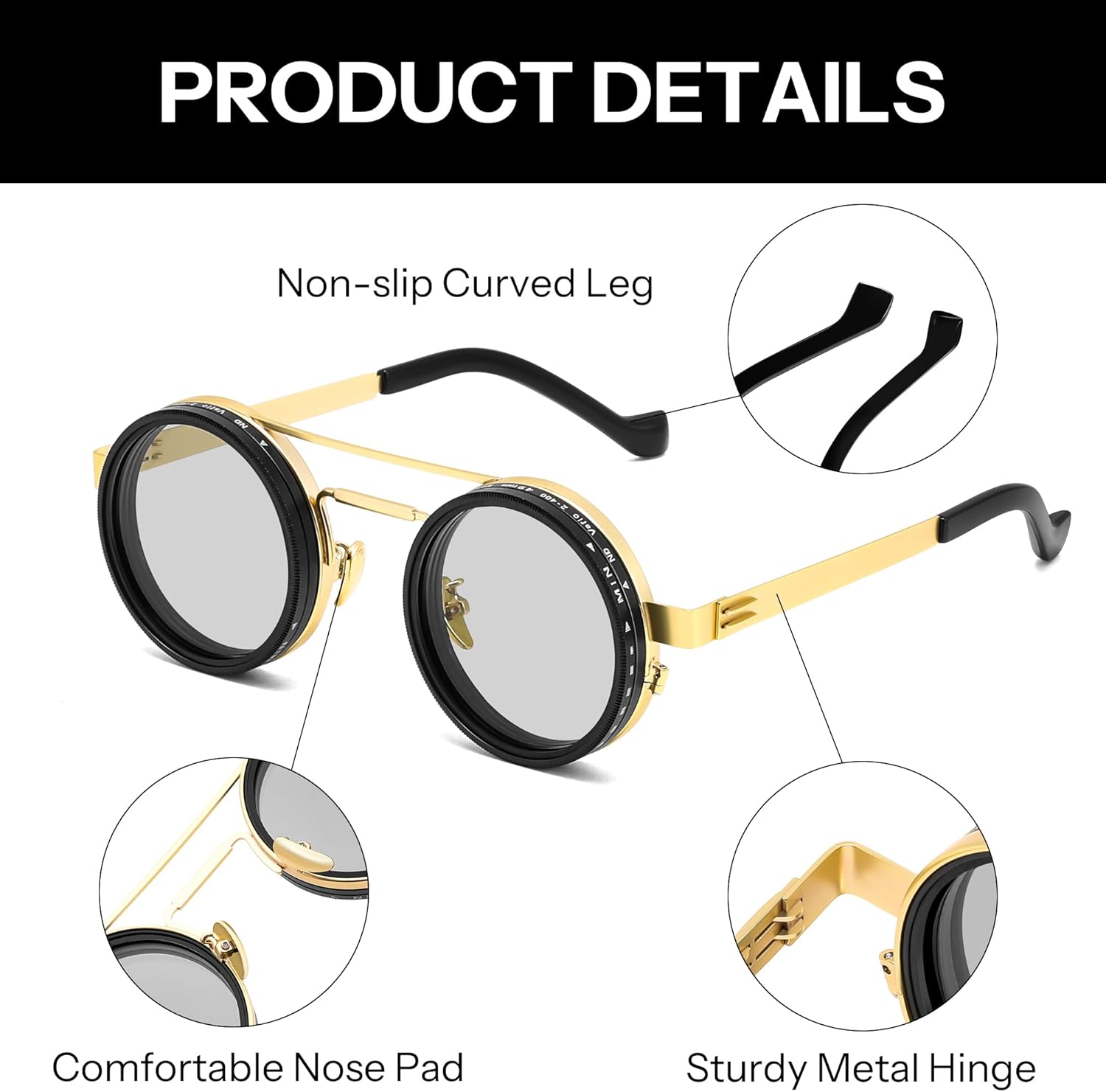 FEISEDY Adjustable Tint Sunglasses Polarized Men, 1-9 Gear Manual Dimming, Steampunk Round Metal Frame UV400 ND Filter B1400 - Image 3