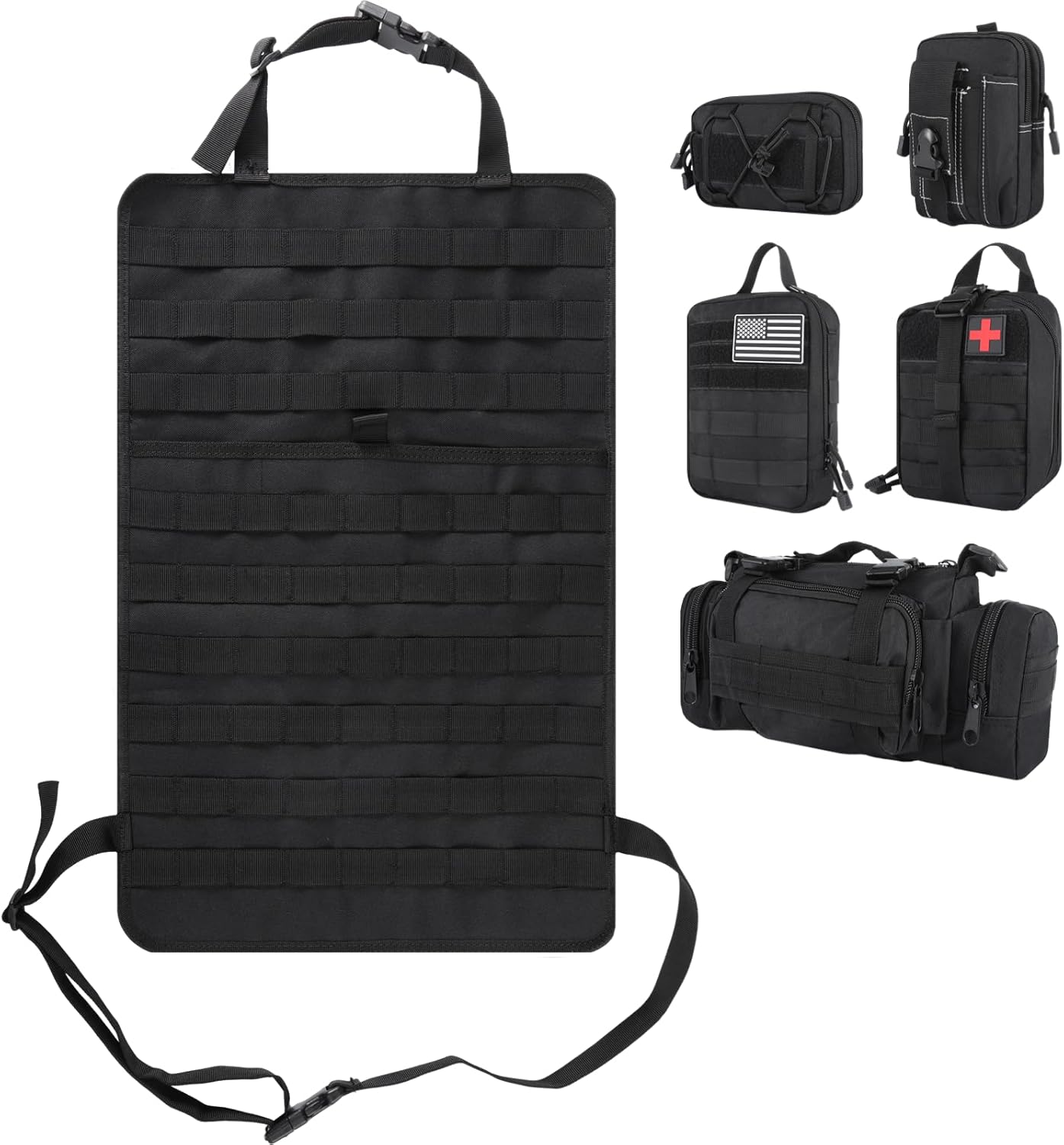Tactical Molle Car Seat Back Organizer - Universal Fits for Jeep, Truck, SUV, Ford, Chevrolet - 5 Pouches, Detachable Packets