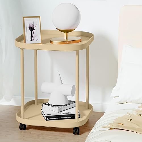 Miniatura 6 de Mesa Lateral con Ruedas, Mesa Auxiliar Sala de Estar Mesa Lateral Móvil de Plástico para Sofá Mesita de Noche Pequeña Dormitorio Caqui