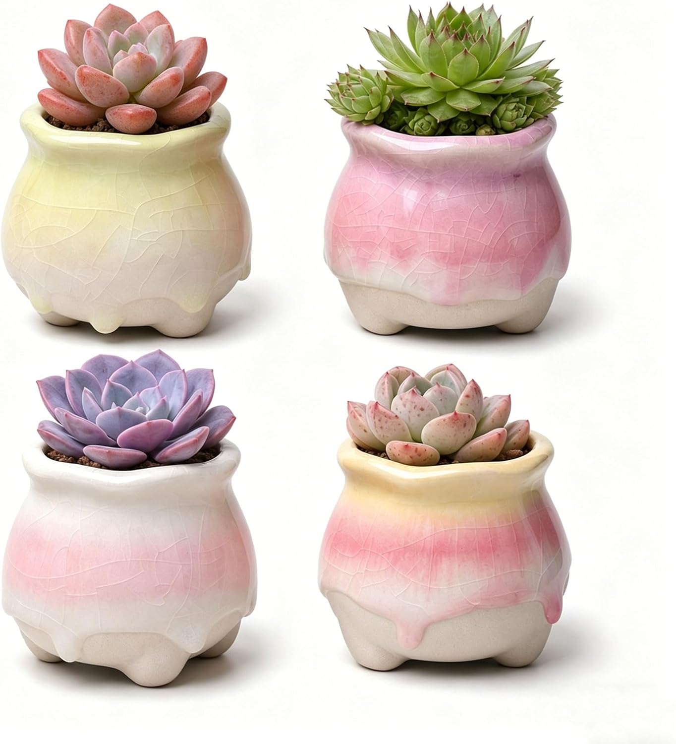 Ceramic Succulent Planters with Crackle Glaze, Gradient Color Small Flower Pots for Cacti and Plants, 3.23in Diameter x 2.8in Height, 4 Pack