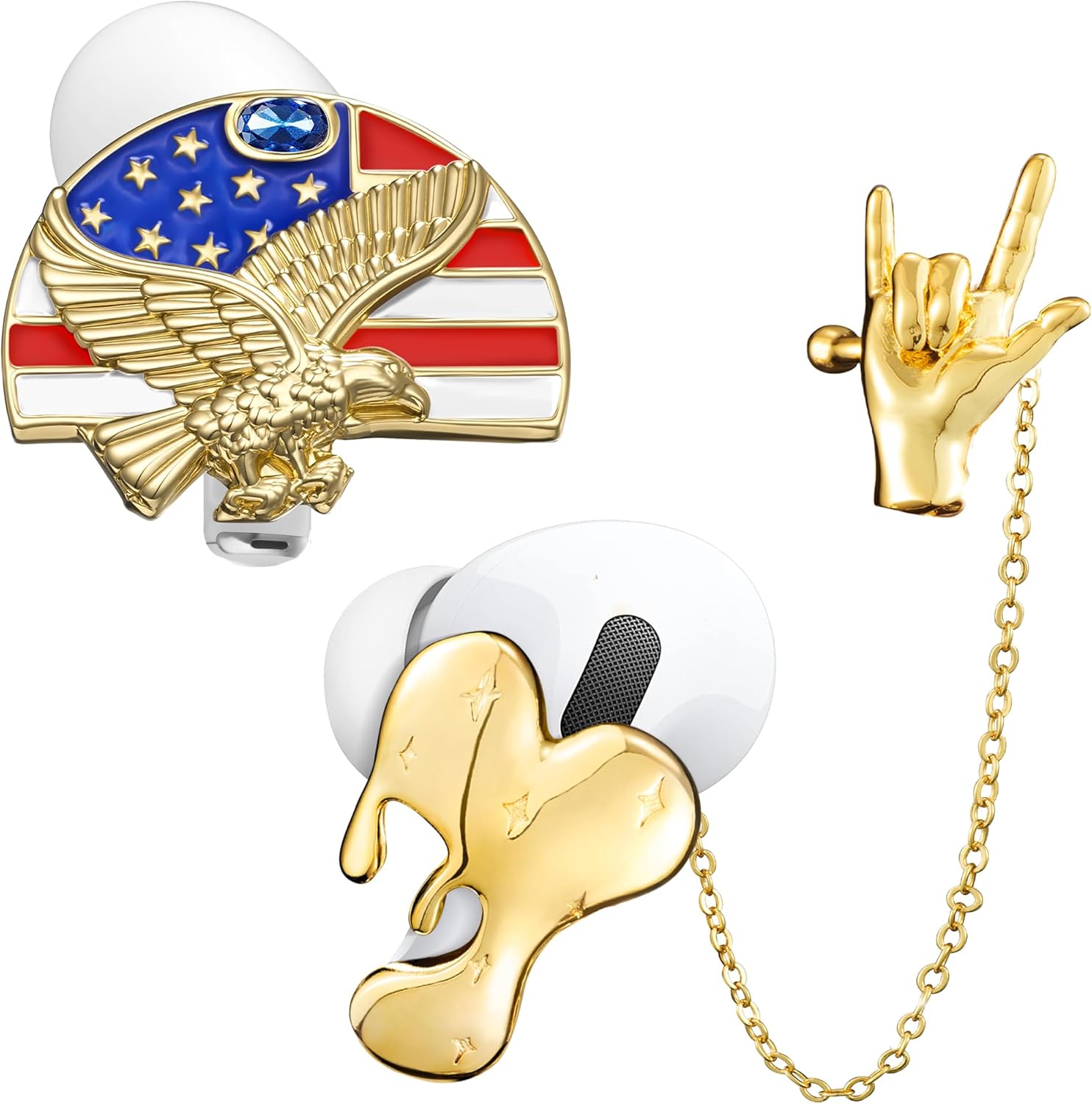 Airpods Jewelry - Adjustable Hand On Rock Anti-Lost Heart Sports Lanyard, Designer Veteran Gifts Patriotic Flag Eagle Earbud Earrings for Airpods 4/ Pro 3/ Pro 2 (2pcs Gold, Portable Box)
