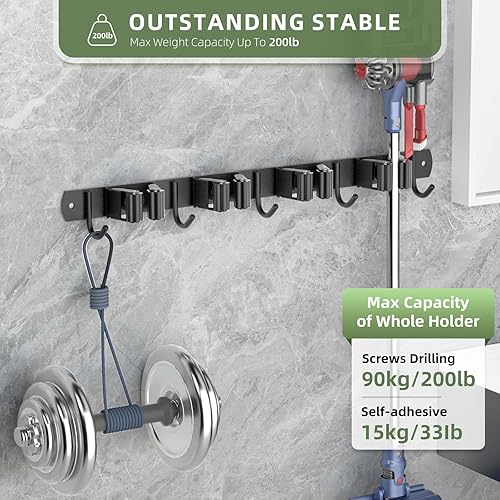 Miniatura 4 de Batur Paquete de 2 soportes de pared para escobas, soporte de escoba mejorado, soporte de pared resistente para trapeador y escoba, súper