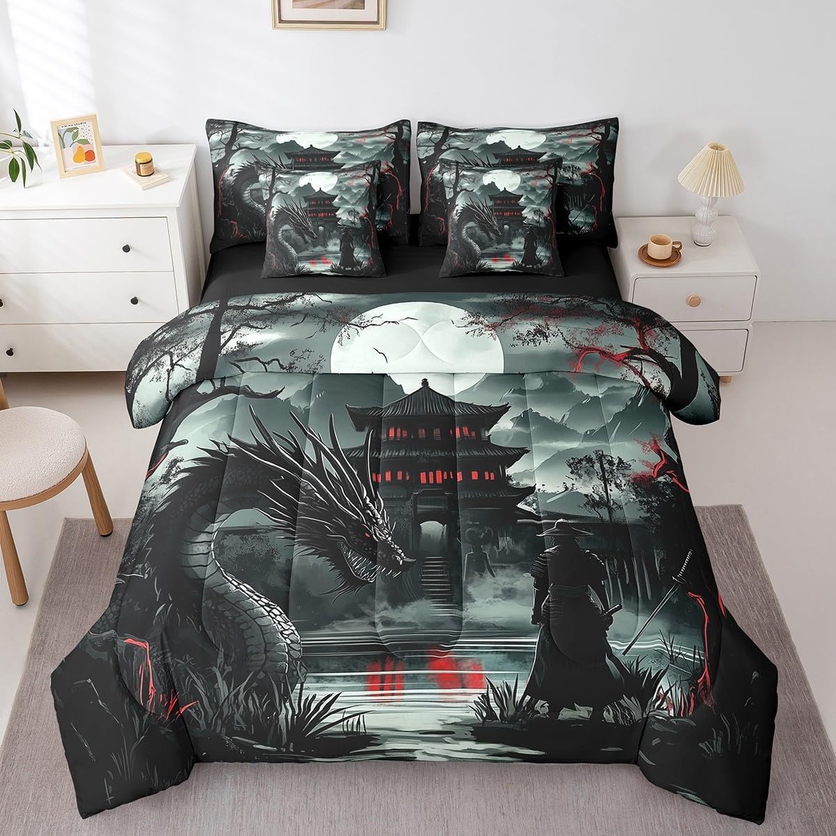 jejeloiu Dragon Ancient Comforter Set 7 Pieces Full Size Samurai Bedding Set for Kids Boys Girls Medieval Fantasy Dragon Bed in a Bag with Comforter + Sheets + Pillowcases + Cushion Covers