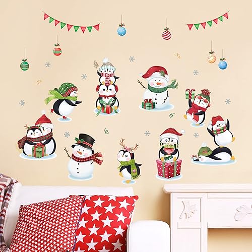Miniatura 2 de decalmile Calcomanías de pared de Navidad para ventana, diseño de pingüino de invierno, muñeco de nieve, copo de nieve, pingüino, ventana, se aferra
