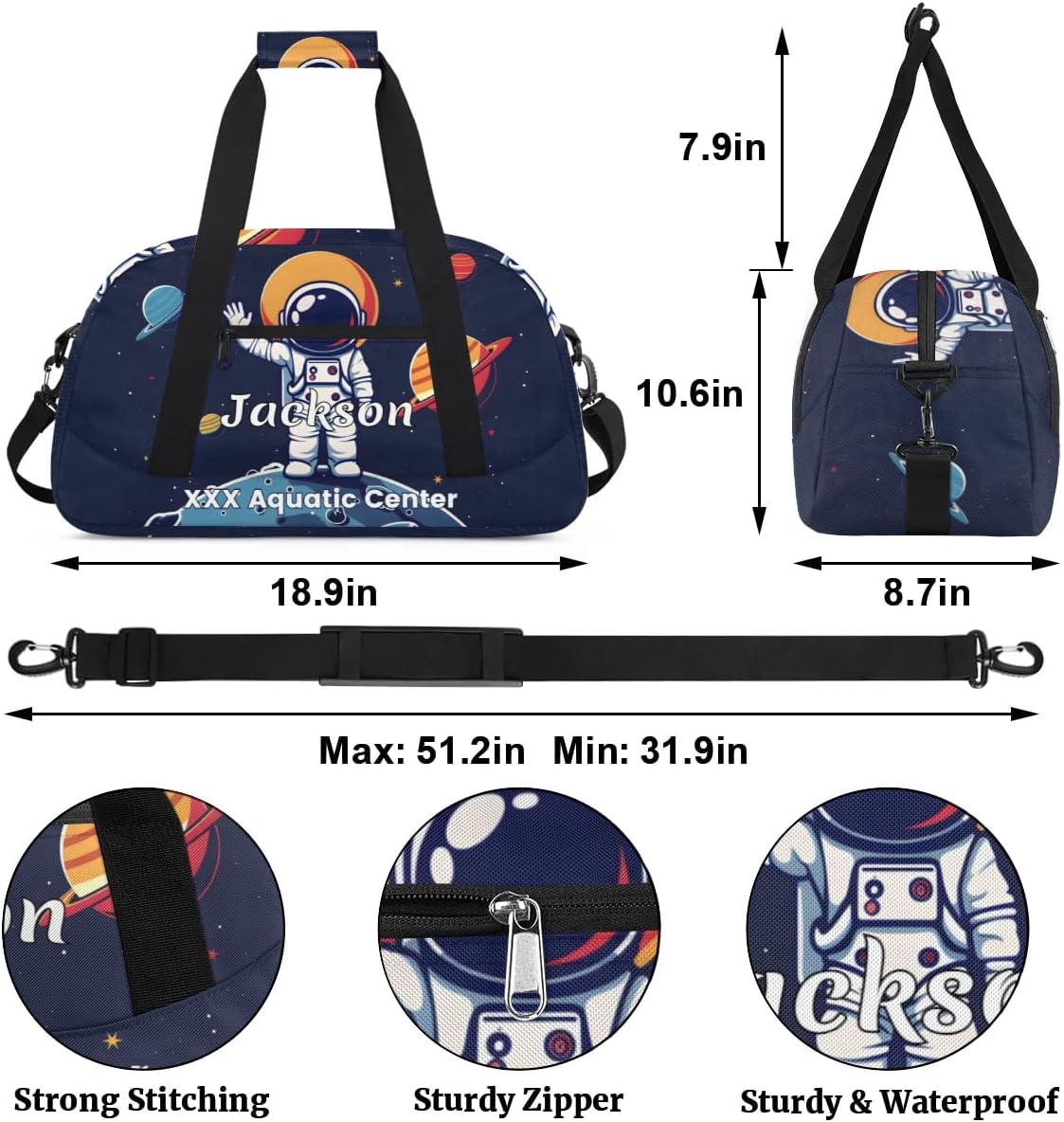 Personalized Cool Astronaut Gym Duffel Bags for Kids Boys with Custom Name Sport Training Travel Bags for Overnight Weekender