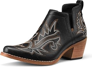 Rollda Cowboy Ankle Booties for Women, Cowgirl Short Boots with Chunky Stack Heels, V