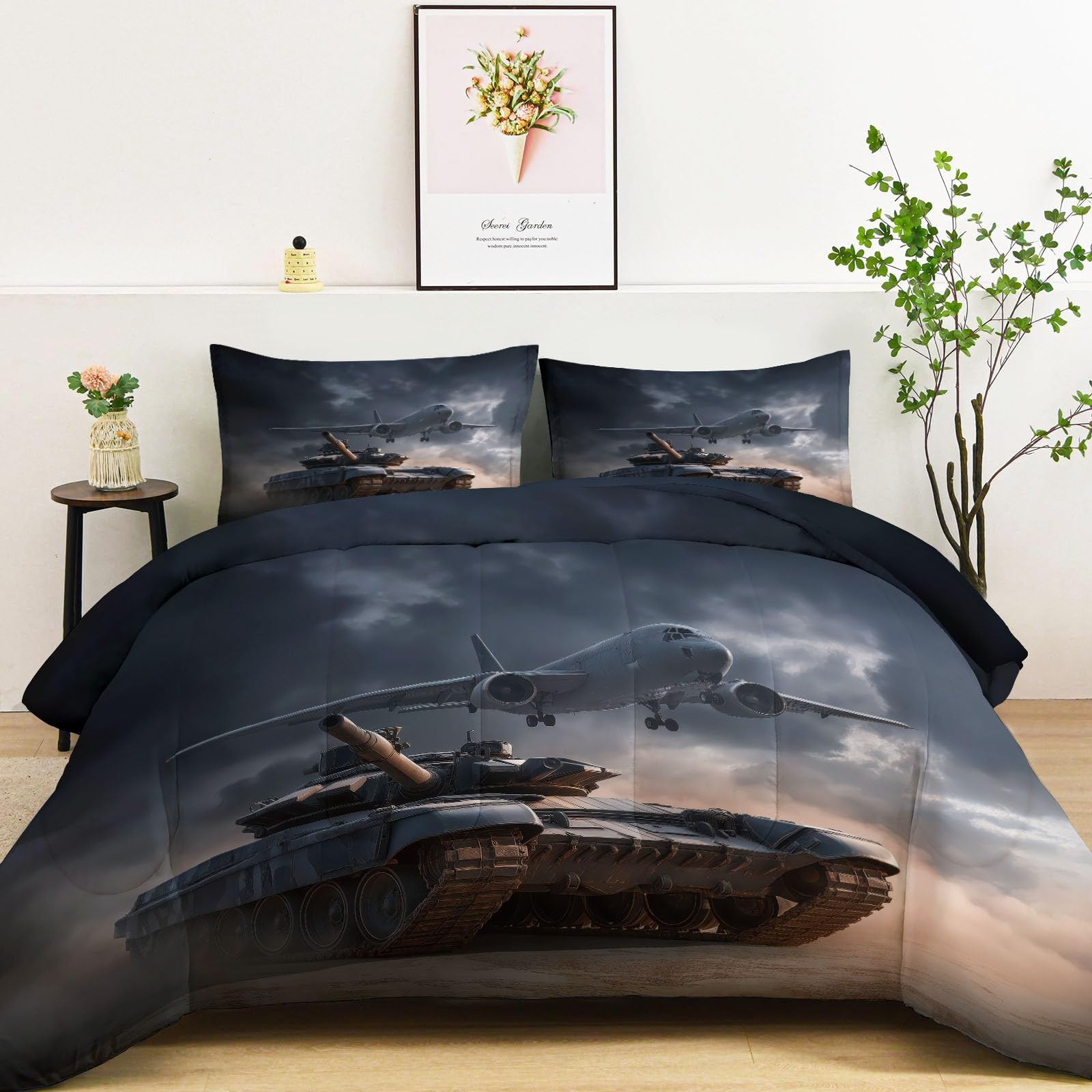 Dwustronna kołdra 135 x 200 cm Kołdra 4 pory roku bez szarej poszewki, kołdra w stylu wojskowym w stylu wojskowym pikowane kołdry z nadrukiem na ciepło z 2 poszewkami na poduszki dla chłopców i