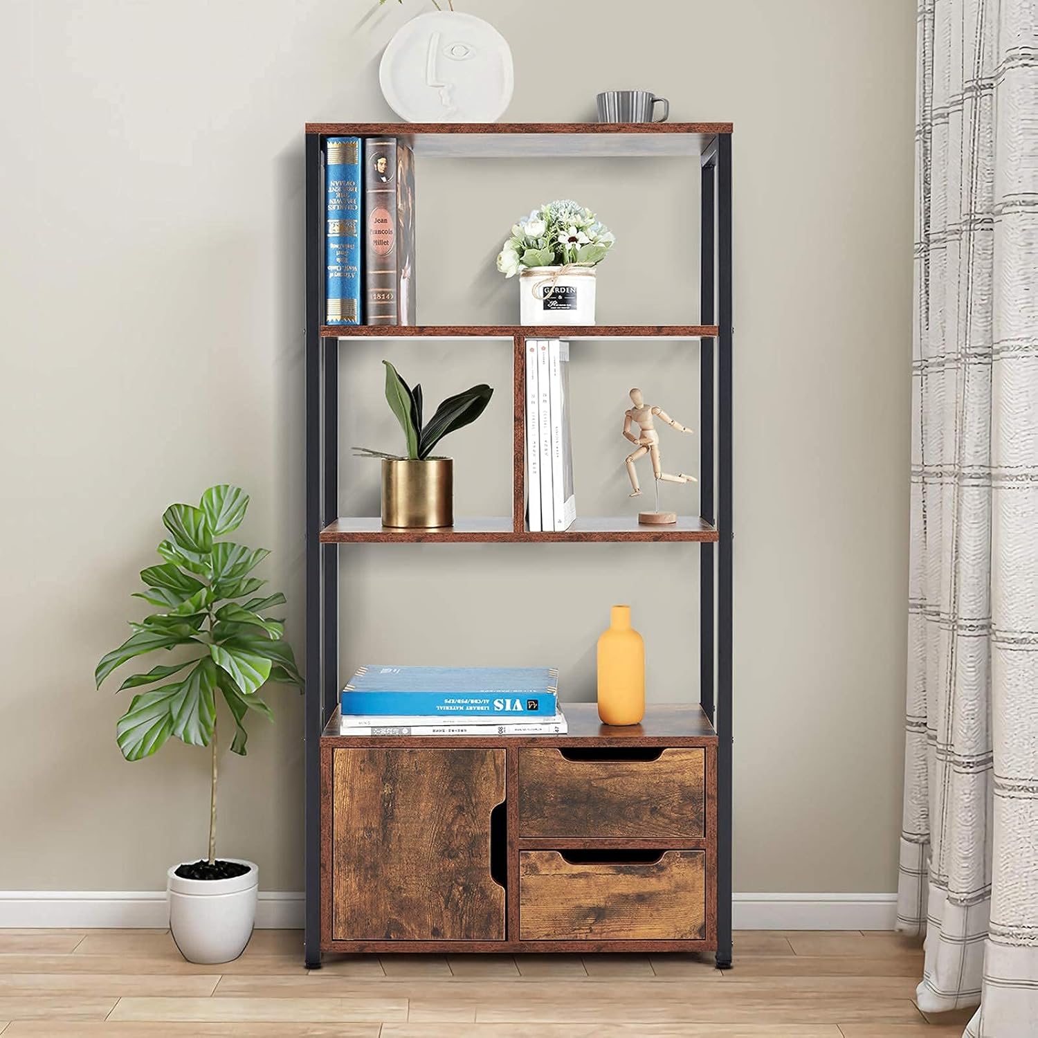 ECOTOUGE Bookcase with 3 Drawers, Wooden Storage Rack Shelves with Open Back, Stable Metal Frame Shelves Organizer, Industrial Style Cabinet for Books, Decorations in Living Room, Office, Brown : Home & Kitchen