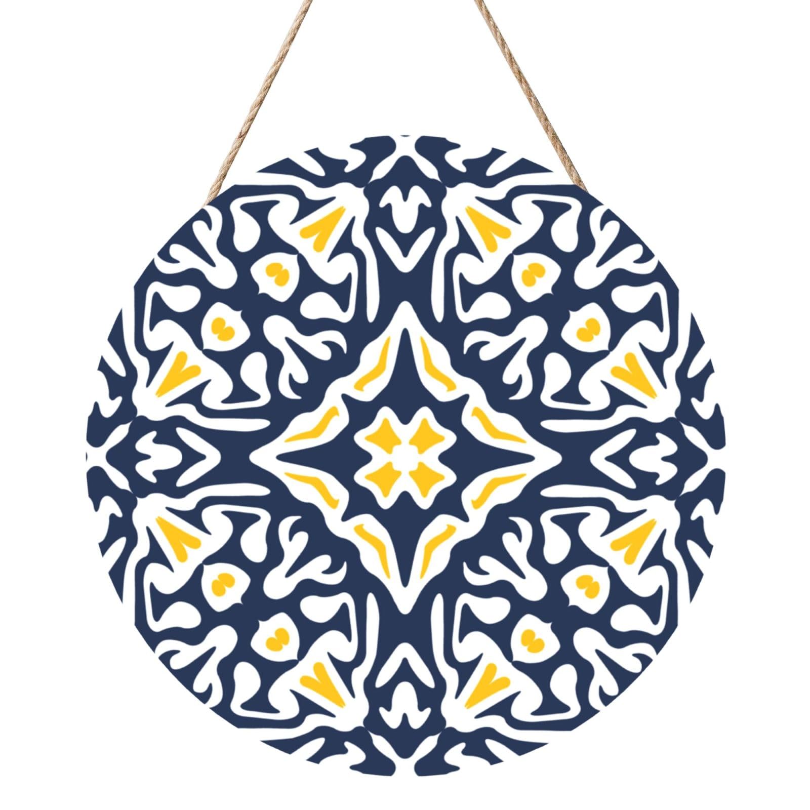 InOmak Navy And Yellow Mediterranean Tile Pattern, Round Wood Panel Painting 12 in, Wall Hanging Painting For Home