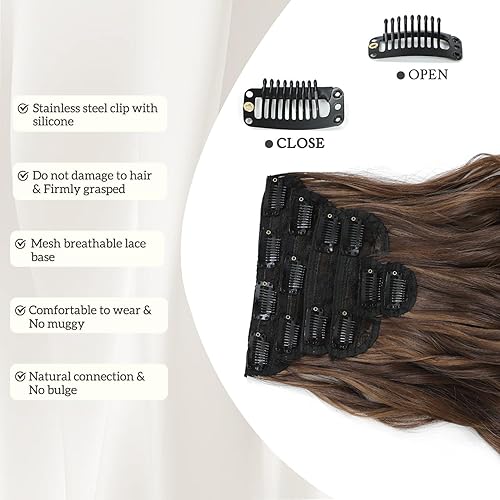 Miniatura 22 de Synthetic Clip in Hair Extensions, 6PCS Natural &Soft Hair& Blends Well Lonng Wavy Hairpieces(20inch,6pcs, Black with Brown Highlights)