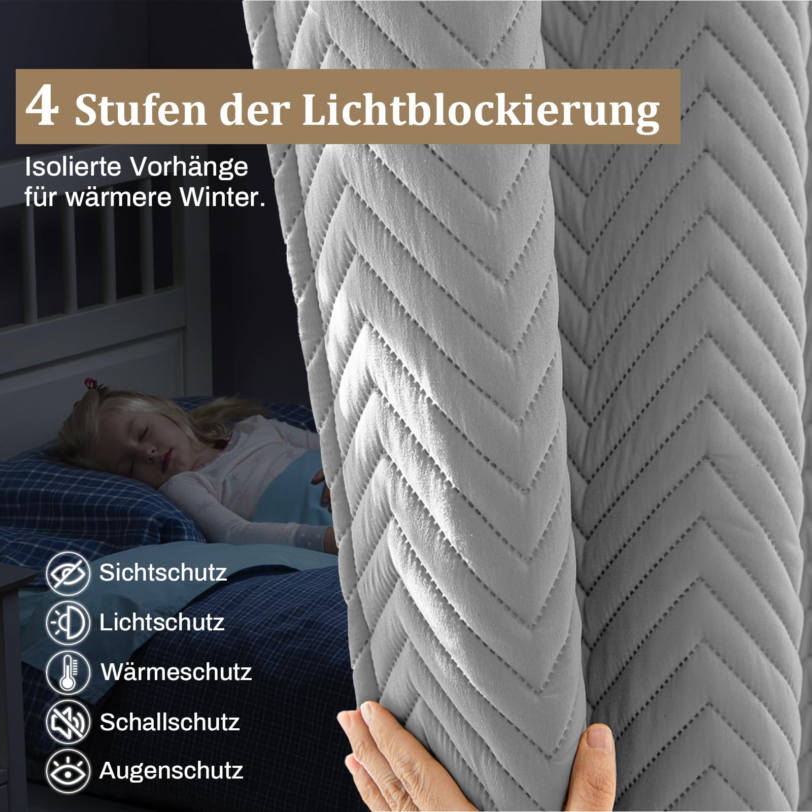 Thermovorhang Kälteschutz Kräuselband 2er Set, Verdickung Wärmeschutzvorhang, Verdunklungsvorhänge Wärmeisolierend Gegen Kälte für Schlafzimmer Wohnzimmer(H175xB140cm,Grau 2-teilig)