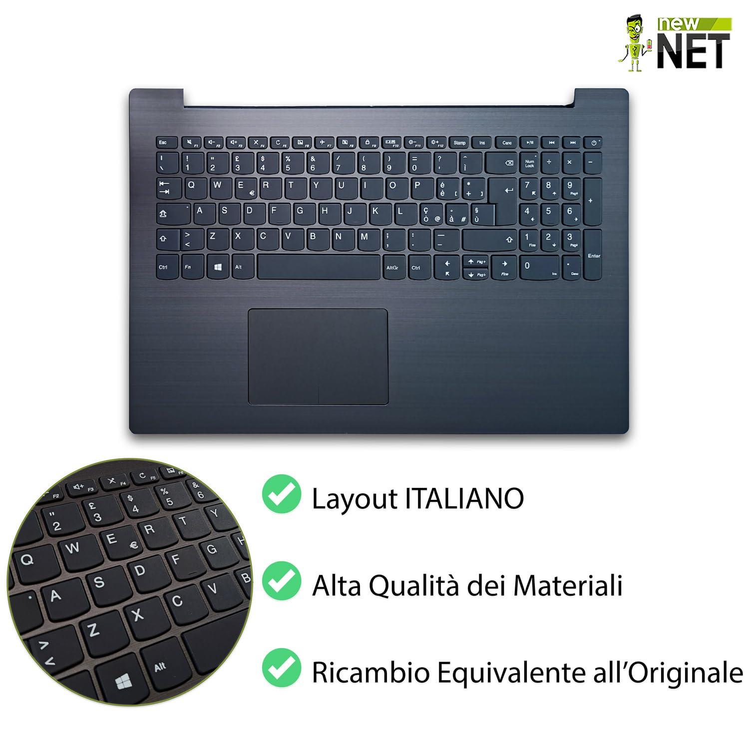 new net - Top case Palmrest con tastiera compatibile con Lenovo IdeaPad 330-15AST (Type 81D6) [Frame Grigio (Iron Grey) - con touchpad, speaker e connettore SSD - Layout ITA]