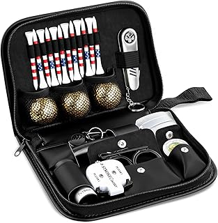 Golf Gifts for Men and Women, Golf Accessories Set with Gold Golf Balls, Telescope, Golf Tees, Brush, Divot Tool, Golf Green Reader, Scorer, Golf Ball Clamp Golf Tool Set Storage Case (Brown)